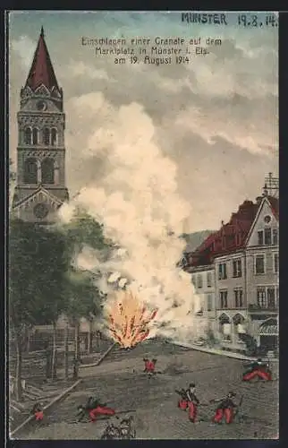 AK Münster i. Els., Einschlagen einer Granate auf dem Marktplatz am 19. August 1914