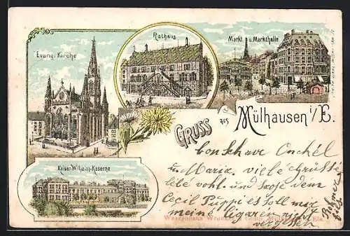 Lithographie Mülhausen i. E., Evangelische Kirche, Rathaus, Markt und Markthalle