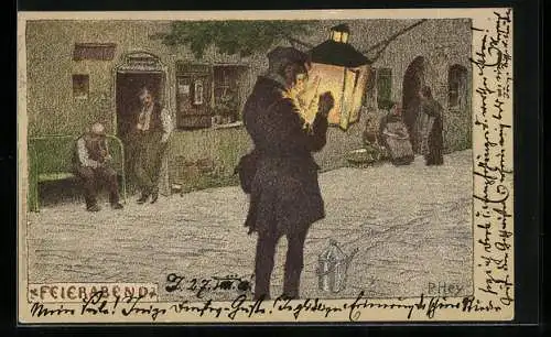 Künstler-Lithographie Paul Hey: Feierabend auf der Strasse