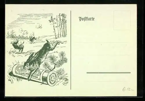Künstler-AK Jagdeinladung, Reklame für Schrotmunition Waidmannsheil der Rottweil AG aus Köln, Flüchtende Hasen