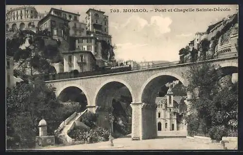 AK Monaco, Pont et Chapelle Ste-Devote, Eisenbahn auf der Brücke