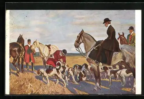 Künstler-AK Angelo Jank: Vor der Jagd!, Reiterin und Hundemeute