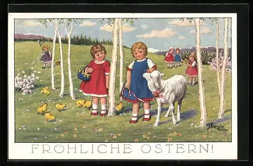 Künstler-AK Kränzle: Kinder mit Lamm und Küken auf der Frühlingswiese, Fröhliche Ostern