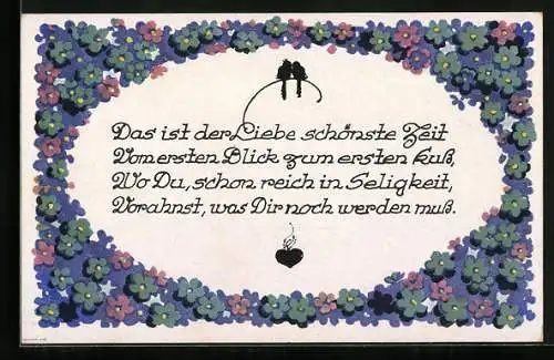 Künstler-AK Dora Heckel: Worte der Liebe, Gedicht im Vergissmeinnicht-Rahmen