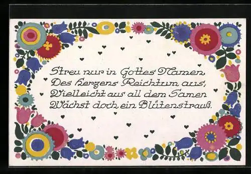 Künstler-AK Dora Heckel: Worte der Liebe, Reim in buntem Blumenrahmen