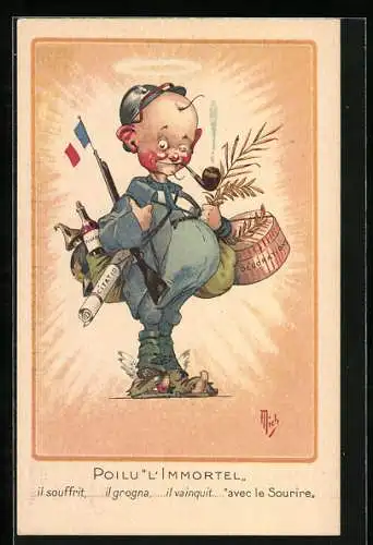 Künstler-AK Jean-Marie Michel Liebeaux: Kleiner Soldat mit Kaputten Schuhen, Pfeife und Weinflasche