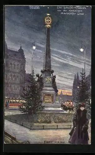 Künstler-AK F. Witt: Wien, Strassenbahn am Leucht-Obelisk