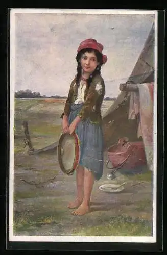 Künstler-AK Josef Süss: Kleine Zigeunerin vor einem Zelt