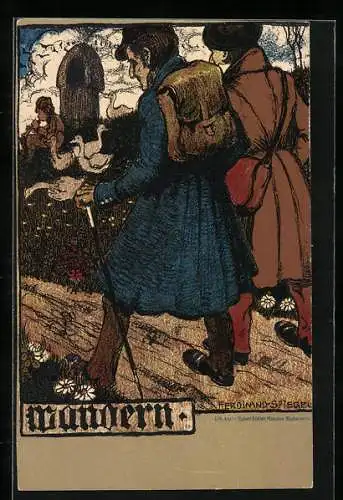 Künstler-AK Ferdinand Spiegel: Männer auf Wanderschaft