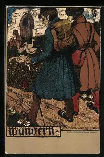 Künstler-AK Ferdinand Spiegel: Männer auf Wanderschaft