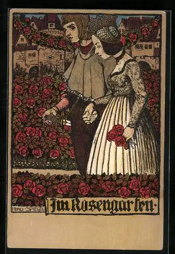 Künstler-Lithographie Ferdinand Spiegel: Im Rosengarten, mittelalterliches Paar