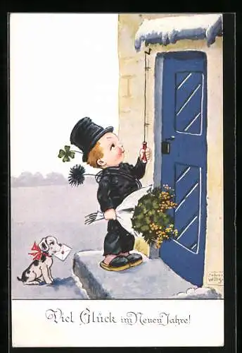 Künstler-AK John Wills: Kleiner Schornsteinfeger bringt Blumen und Post