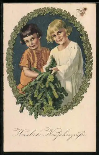 Künstler-AK Maxim Trübe: Zwei Mädchen mit Tannenzweigen