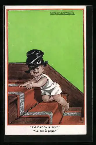 Künstler-AK Fred Spurgin: I`m Daddy`s Boy, Junge im Zylinder seines Vaters