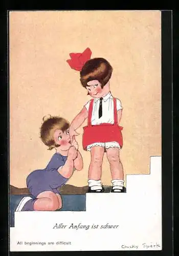 Künstler-AK Chicky Spark: Aller Anfang ist schwer, Kleiner Junge küsst Mädchen die Hand
