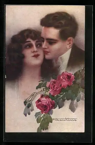Künstler-AK M. Santino: Verliebtes Paar in enger Umarmung mit Rosenzweig