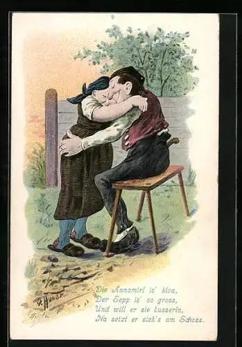 Künstler-AK O. Huber: Bauernpaar umarmt sich auf einer Holzbank