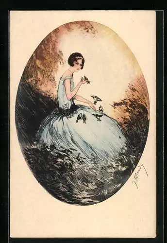 Künstler-AK J. Hardy: Vögel sitzen auf dem Schoss einer schönen Frau