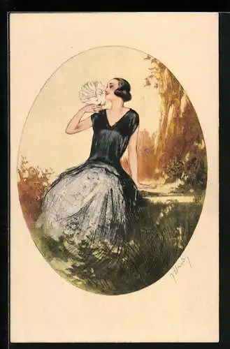 Künstler-AK J. Hardy: Dame im Kleid mit Taube auf der Hand