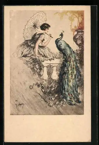 Künstler-AK J. Hardy: Dame mit Sonnenschirm neben Pfau