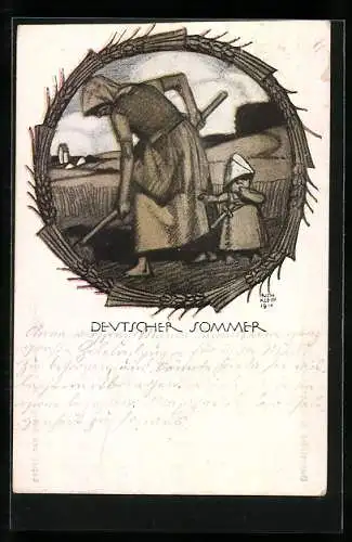 Künstler-AK Richard Klein: Bäuerin arbeitet mit Kind auf dem Feld