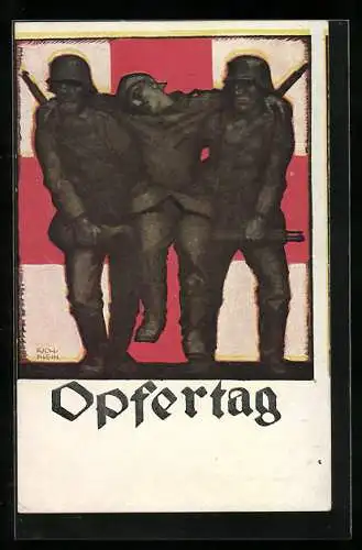 Künstler-AK Richard Klein: Opfertag, Soldaten tragen verwundeten Kameraden, Rotes Kreuz