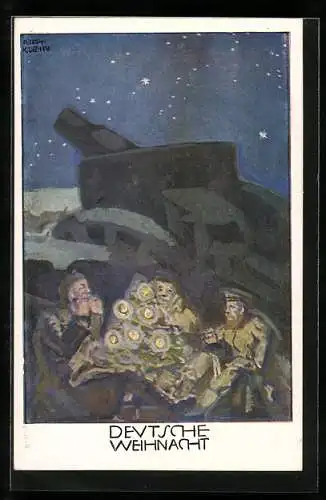 Künstler-AK Richard Klein: Deutsche Weihnacht vor einem Geschütz am Weihnachtsbaum