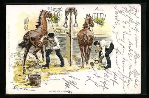 Künstler-AK Soldaten striegeln ihre Pferde