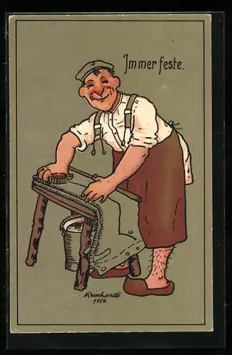 Künstler-AK sign. H. Reinhardt: Soldat bei der Säuberung seiner Wäsche