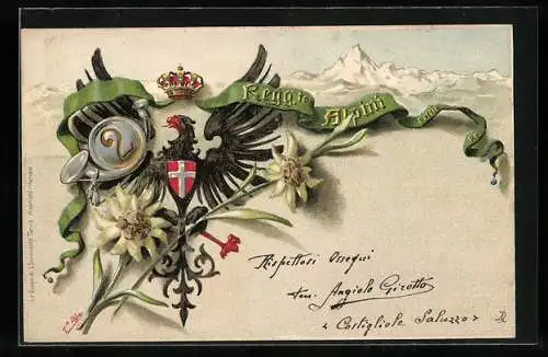 Künstler-AK 2. Regiment Alpini, Wappen, Edelweiss, Italien