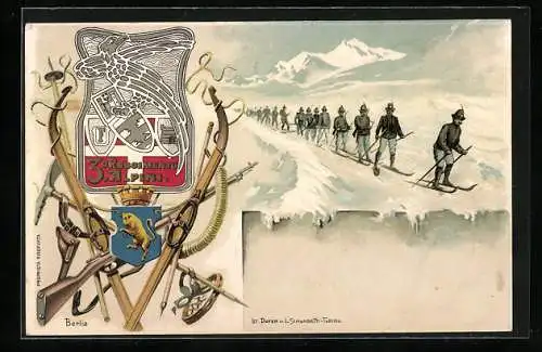 Künstler-AK 3. Regiment Alpini, Wappen, italienische Soldaten auf Skiern