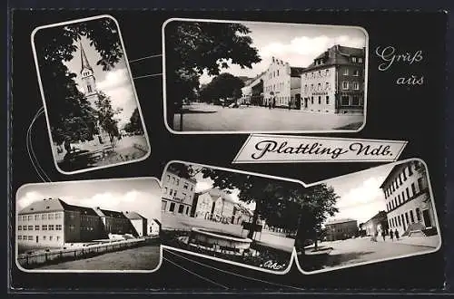 AK Plattling /Ndb., Sparkasse, Geschäft Doppler, Kirche und Strassenpartie