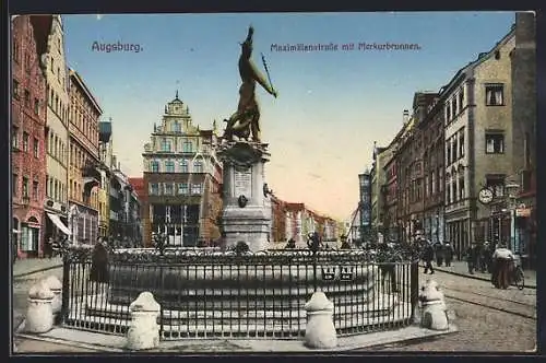 AK Augsburg, Maximilianstrasse mit Merkurbrunnen