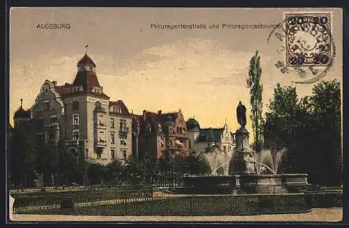 AK Augsburg, Prinzregentenstrasse und Prinzregentenbrunnen