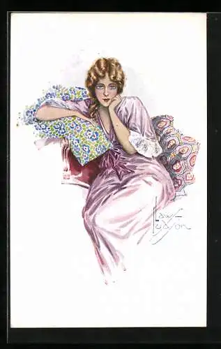 Künstler-AK sign. Ludson: Junge Dame im fliederfarbenen Nachthemd