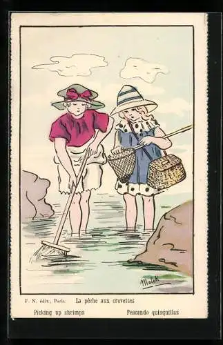 Künstler-AK sign. Melek: Kinder keschern im Wasser