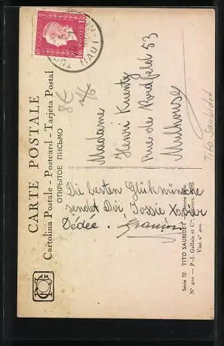 Künstler-AK sign. Tito Saubidet: Kinder mit Zettel und Blumenstrauss