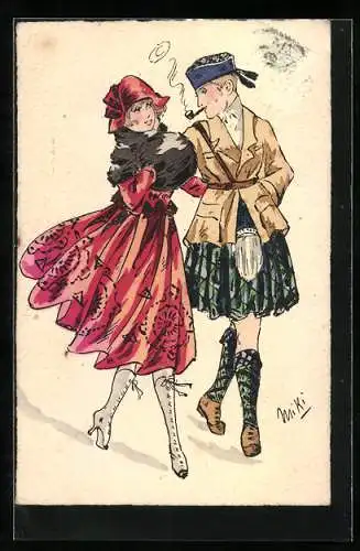 Künstler-AK sign. Miki: Mann mit Kilt und eleganter Dame