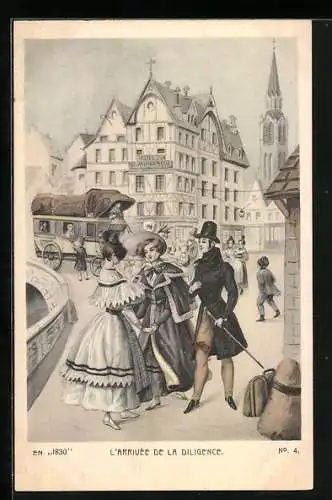 Künstler-AK sign. A. Muller: Elegante junge Damen, im Hintergrund Postkutsche vor Hotel