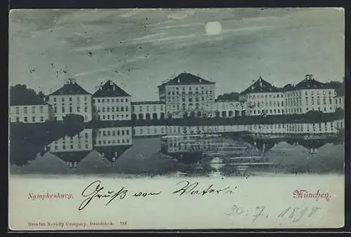 Mondschein-AK München, Blick auf die Nymphenburg