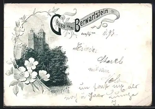 AK Berwartstein, Burg im Blumen-Passepartout