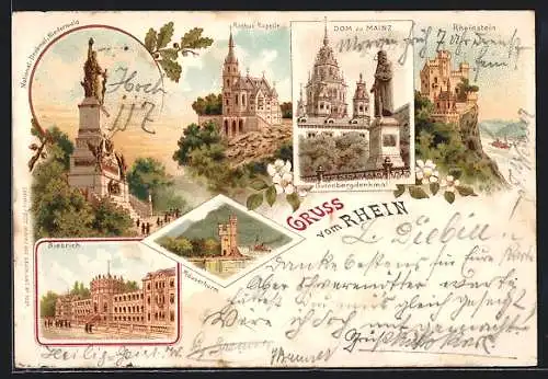 Lithographie Wiesbaden, Schloss Biebrich, Rochus-Kapelle, Dom zu Mainz, Rheinstein und Niederwalddenkmal