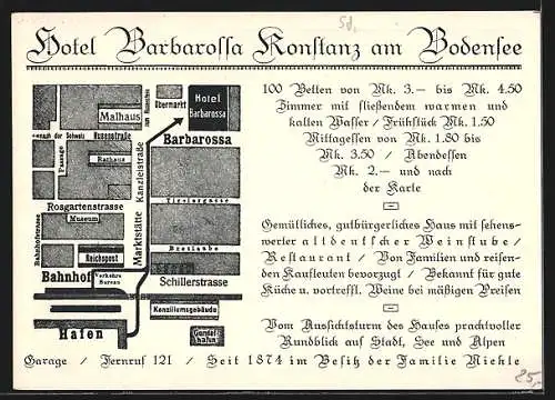 AK Konstanz am Bodensee, Hotel Barbarossa, Bes. Familie Miehle