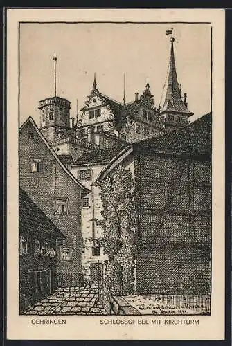 Künstler-AK Oehringen, Schlossgiebel mit Kirchturm