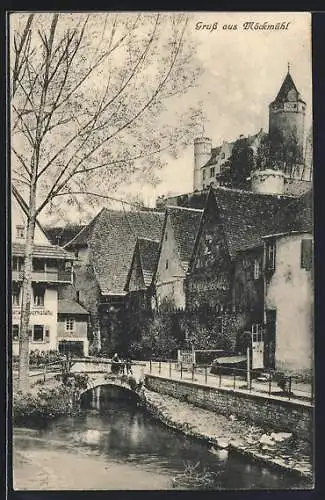 AK Möckmühl, Ortspartie mit Blick zur Burg