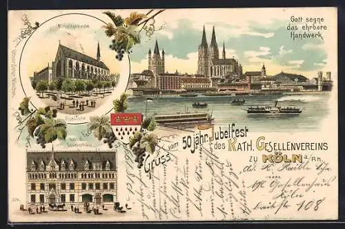 Lithographie Köln, Minoritenkirche, Kathol. Gesellenhaus, Dampfer auf dem Rhein