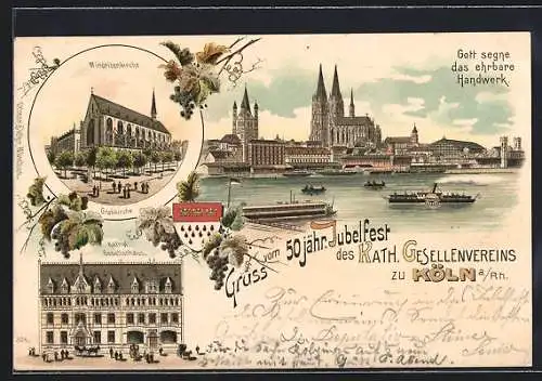 Lithographie Köln, Minoritenkirche, Kathol. Gesellenhaus, Dampfer auf dem Rhein