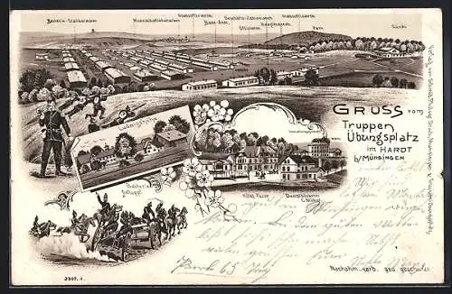 Lithographie Münsingen, Truppenübungsplatz, Ludwigshöhe, Hotel Fezer & Dampfbäckerei G. Müller, Batterie im Galopp