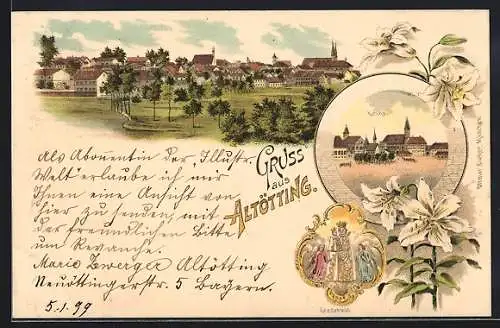 Lithographie Altötting, Teilansicht, Kirche, Gnadenbild