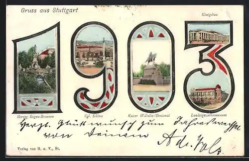 Lithographie Stuttgart, Herzog Eugen-Brunnen, Kgl. Schloss, Königsbau, Jahreszahl 1903